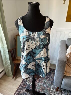 Women’s Y2K Vintage Sleeveless Abstract Print Tank Top in Teal and Black M
